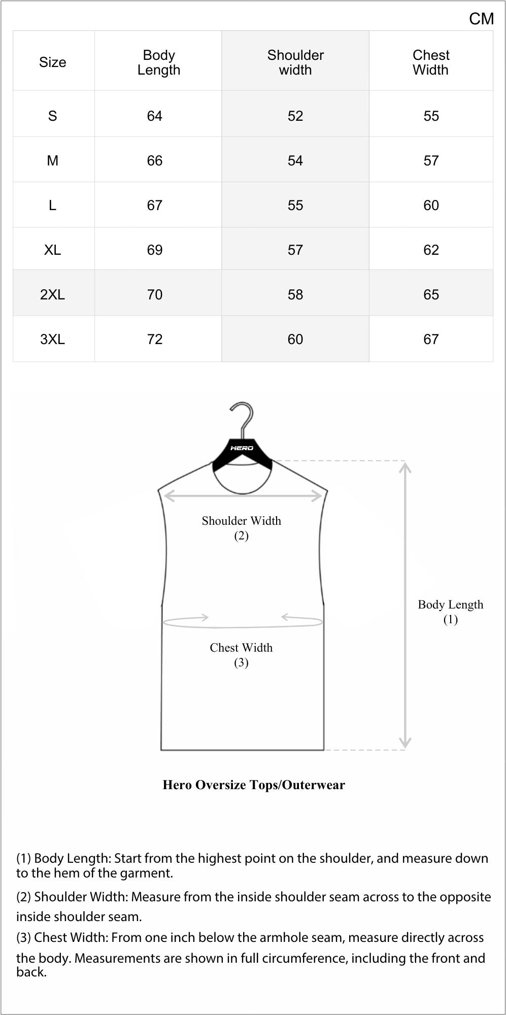 Size chart in centimeters