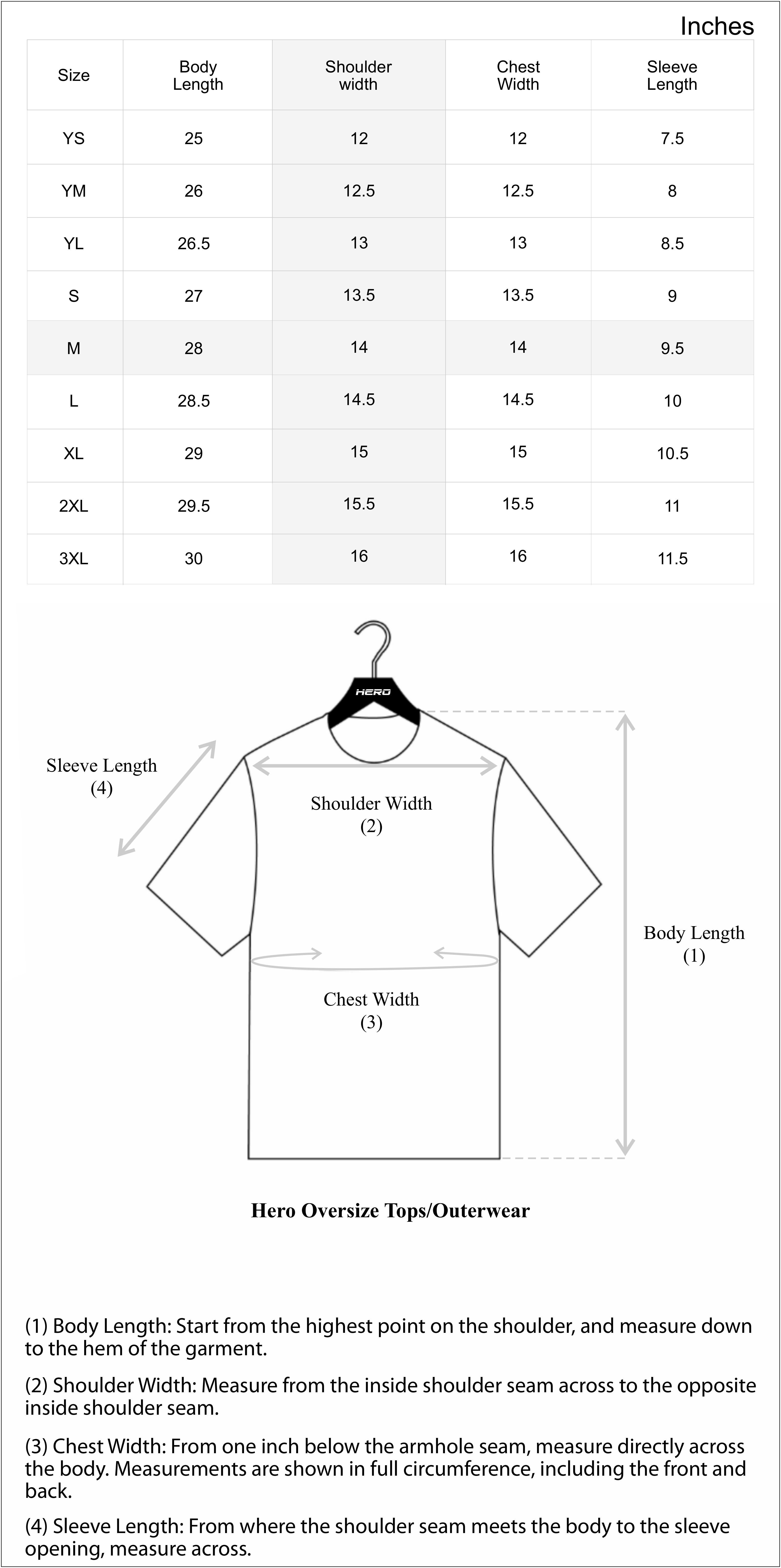 Size chart in inches