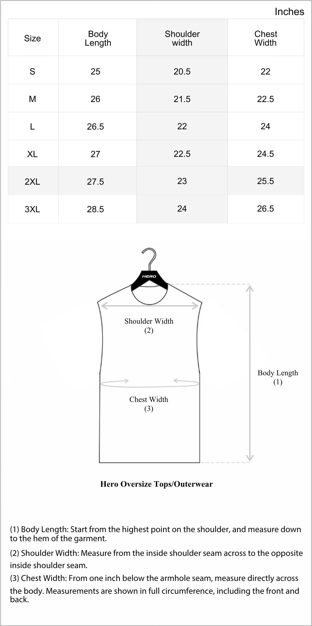 Size chart in inches